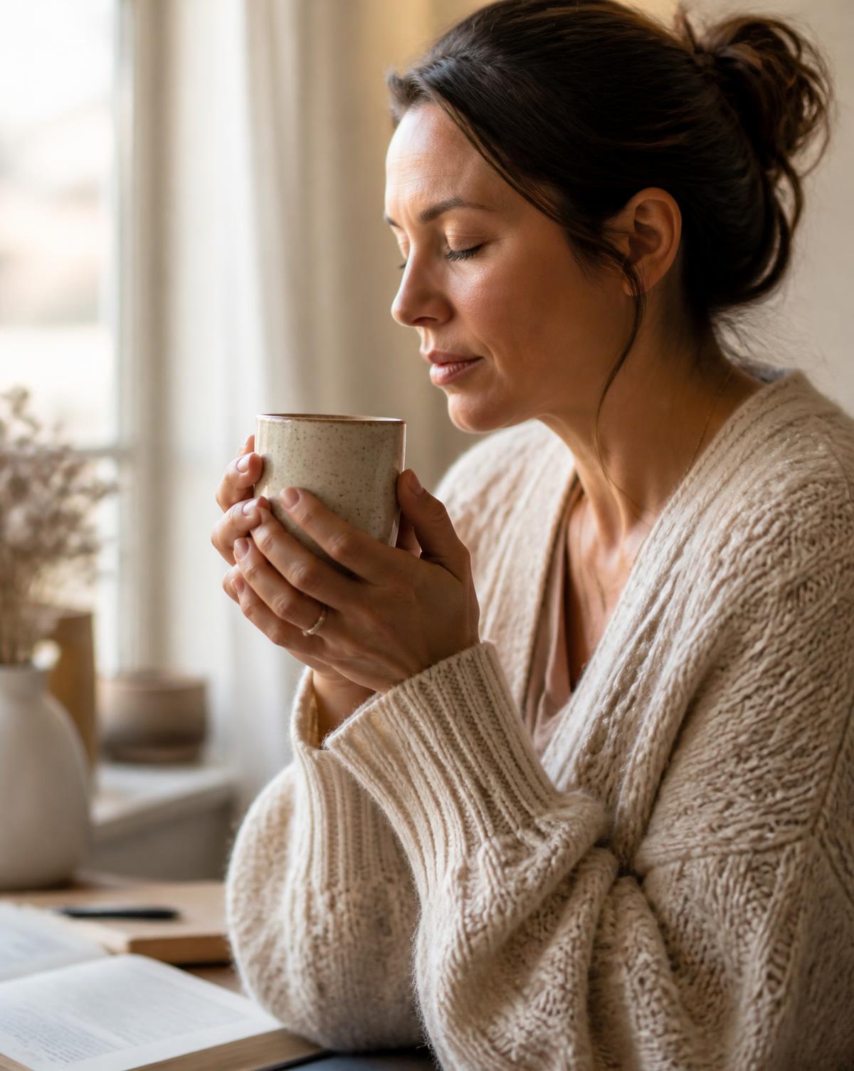 A woman sitting by a window in quiet morning prayer with a warm mug